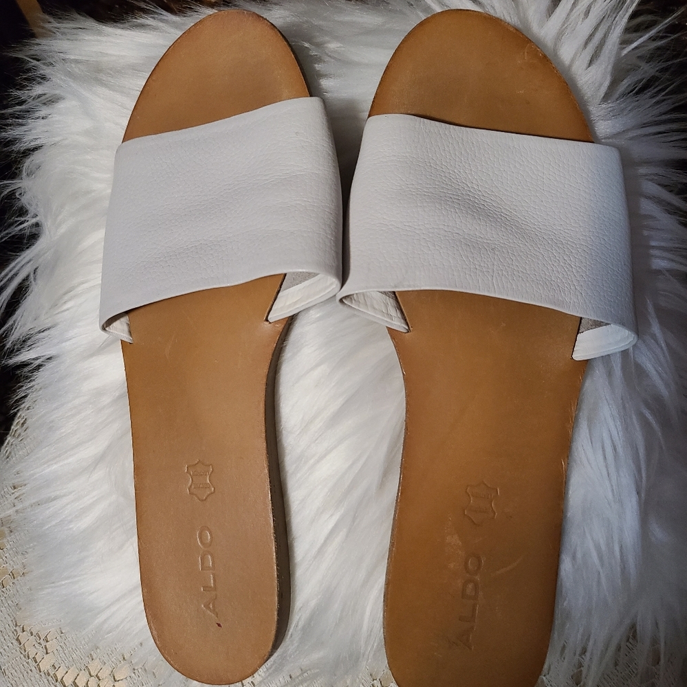 Aldo White Leather Flat Slide Sandals